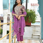 Vaasva Women's Purple Tissue Embroidered Suit Set With Solid Pant And Embroidered Dupatta | Swadesiicart