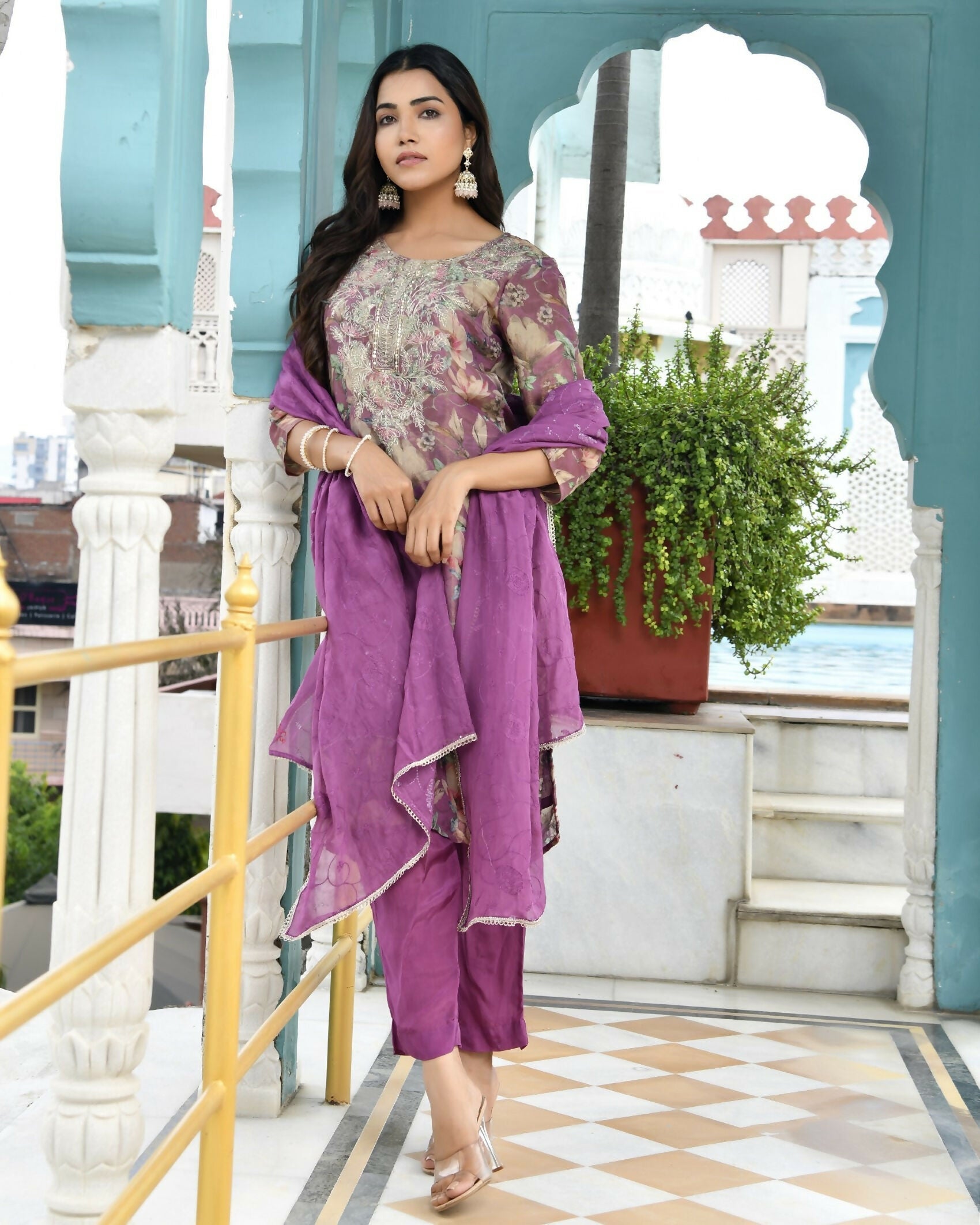 Vaasva Women's Purple Tissue Embroidered Suit Set With Solid Pant And Embroidered Dupatta | Swadesiicart