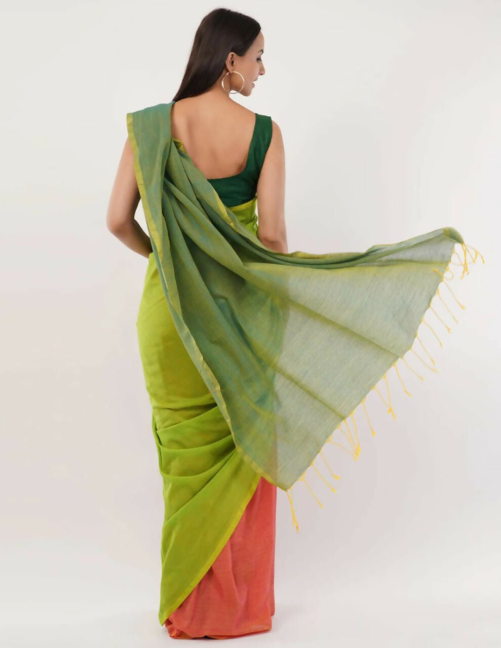 Exclusive Collection Beautiful Khadi Cotton Olive Green Orange Handloom Saree - Swadesiicart