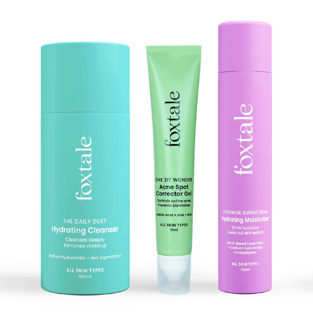 Foxtale ABC of Acne Control Trio Skin Care Kit: Acne Spot Correct Gel + Cleanser Face Wash + Ceramide Moisturizer | Swadesiicart