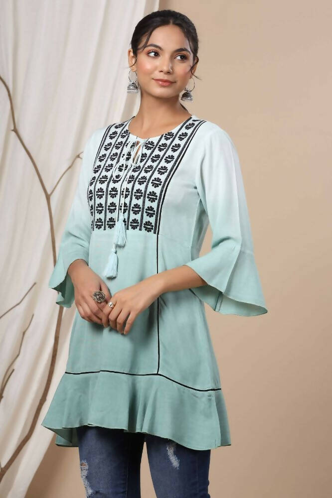 Juniper Sage Green Rayon Festive Embroidered Tiered Tunic For Women | Swadesiicart