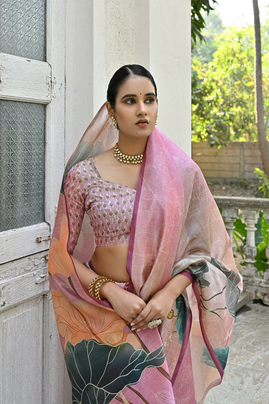 Vishnu Weaves Women's Baby-Pink Cotton Silk Saree with Blouse - Swadesiicart