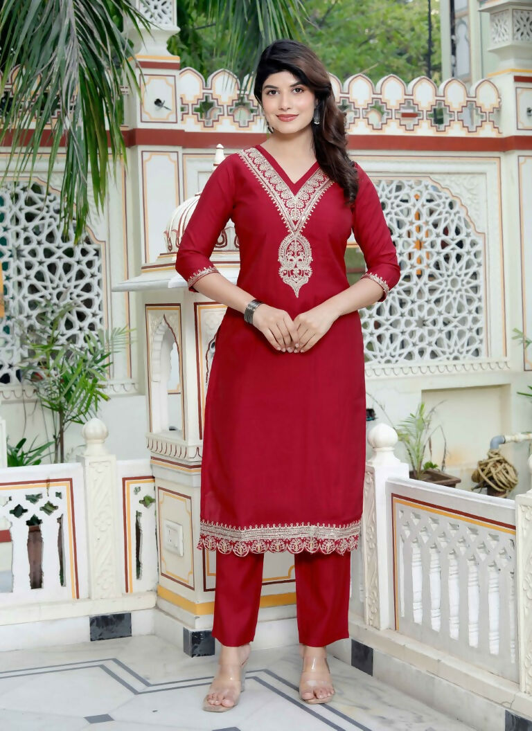 Miravan Women's Embroidered Pure Silk Red Kurta with Palazzo and Dupatta - Swadesiicart