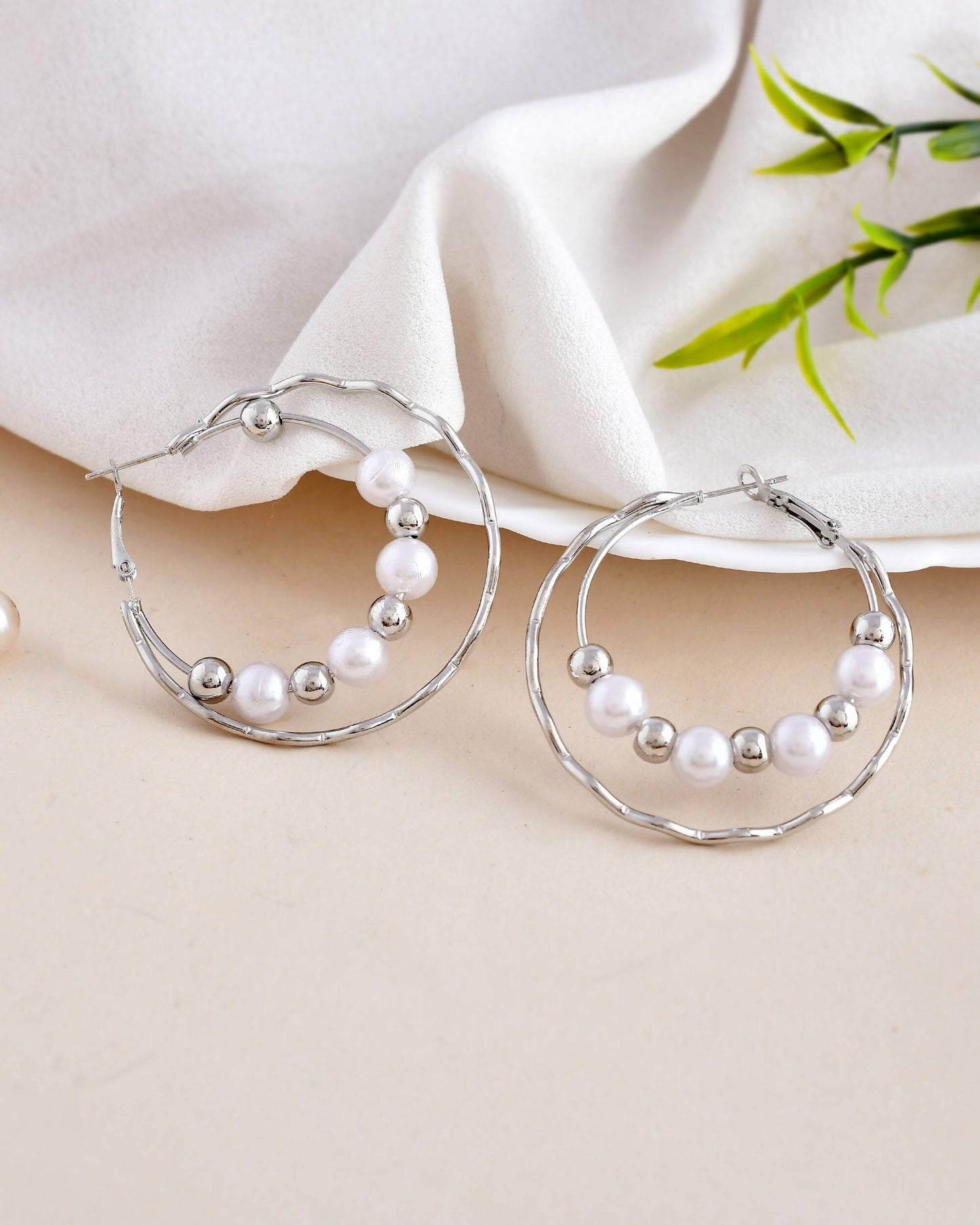 VOJ Women Sliver-Plated Pearl Stainless Steel Hoop Earrings - Swadesiicart