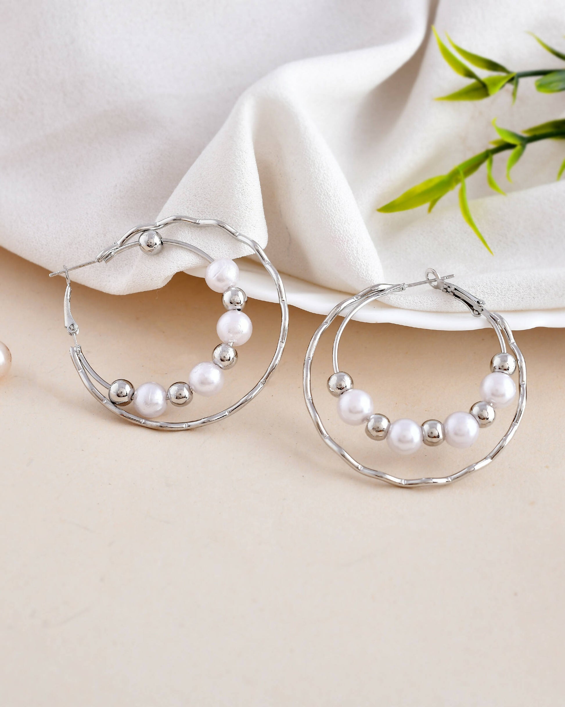 VOJ Women Sliver-Plated Pearl Stainless Steel Hoop Earrings - Swadesiicart
