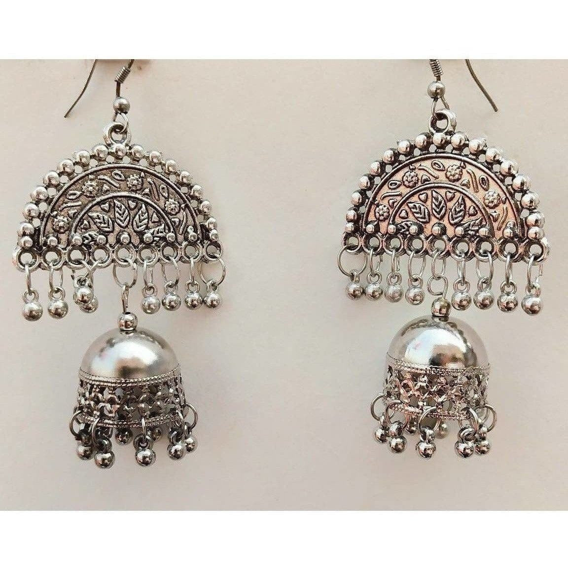 MS Fashion India Half Moon Silver Oxidized Jhumka Pearl Tassel Earrings | Swadesiicart