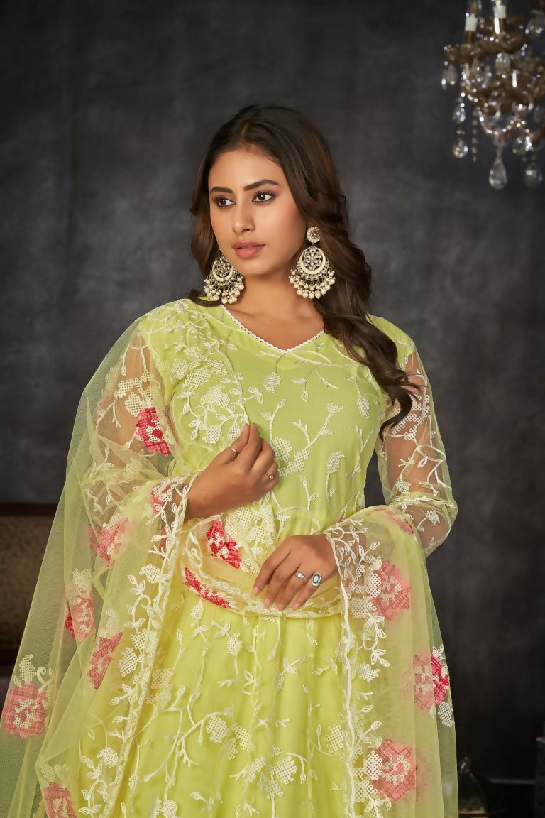 Jyoti Fashion Women's Pista Net Embroidered Anarkali Kurta Pant Set With Dupatta | Swadesiicart