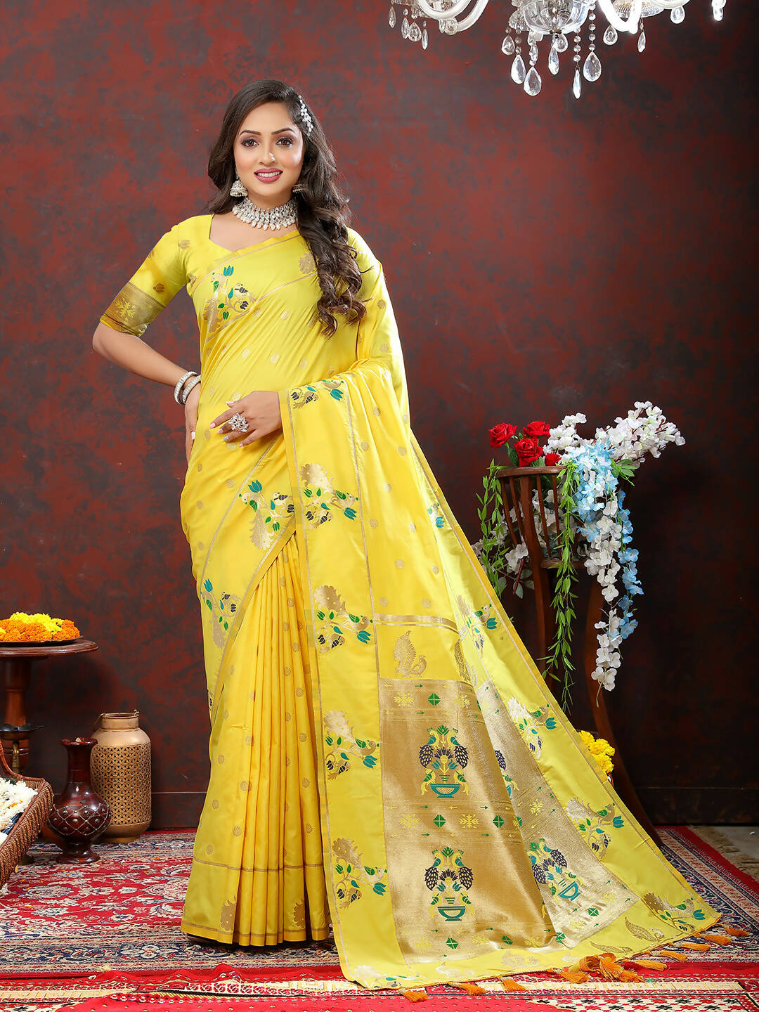 Lorenvalley Fashion Yellow Soft Paithani Silk Woven Design Gold Zari Meenakari Weaving Saree - Swadesiicart