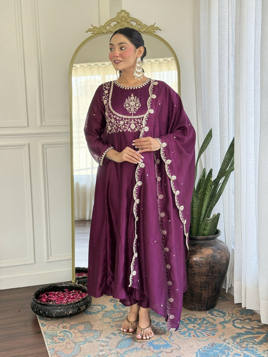 The52 Purple Women's Gorgeous Embroidered Vichitra Silk Fabric Flared Kurta Pant with Dupatta Set - Swadesiicart