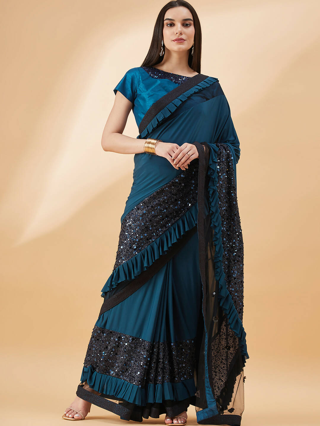Peacock Blue Lycra Sequins Fabric. Frill Details, Handwork Buttis Saree - Norita Hit Design - Swadesiicart
