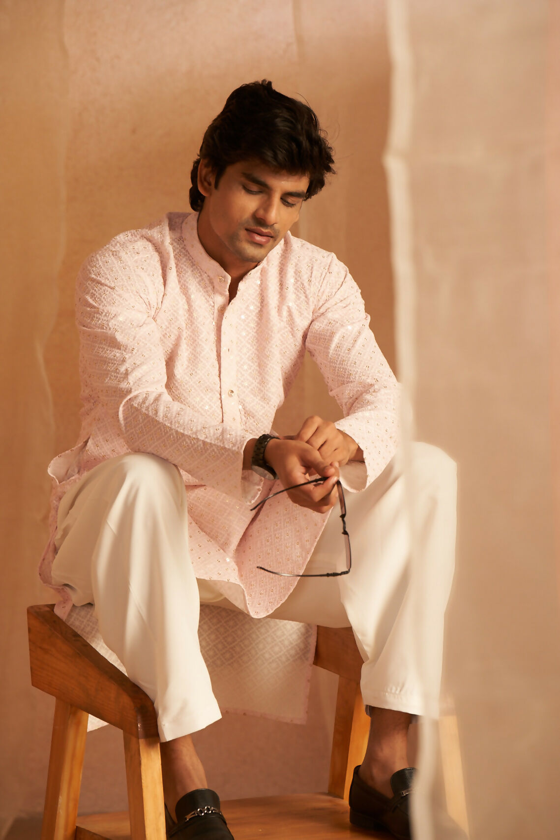 Pink Viscose Chikankari Embroidery Work Men's Kurta Set - Mahotsav | Swadesiicart