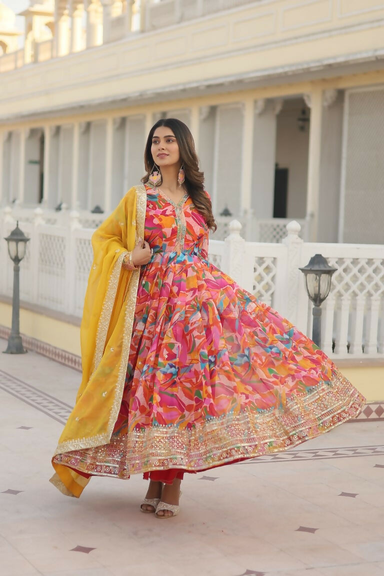 Jyoti Fashion Women's Pink Russian Silk Sequins Zari Embroideredy Anarkali Dress with Dupatta | Swadesiicart