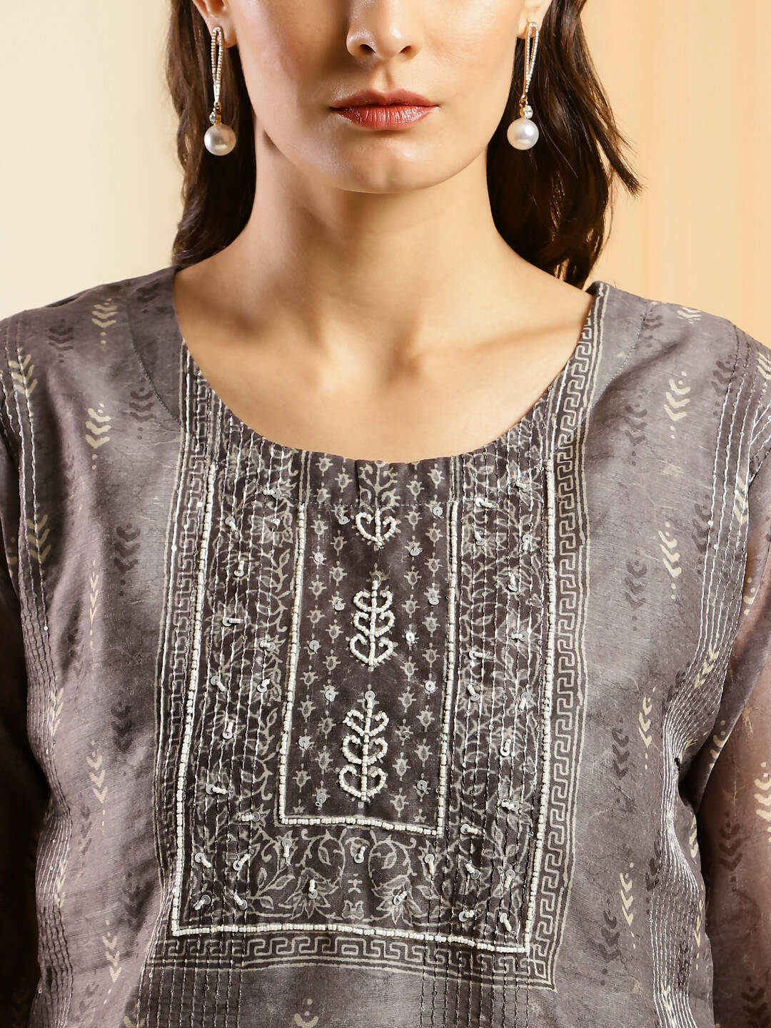 Grey Chinon Digital Printed With Hand Work Kurta - Himanshi - Swadesiicart