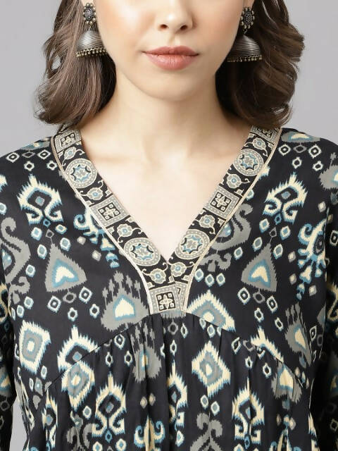 FIORRA Women's Black Cotton A-Line Kurta Palazzo Set - Swadesiicart