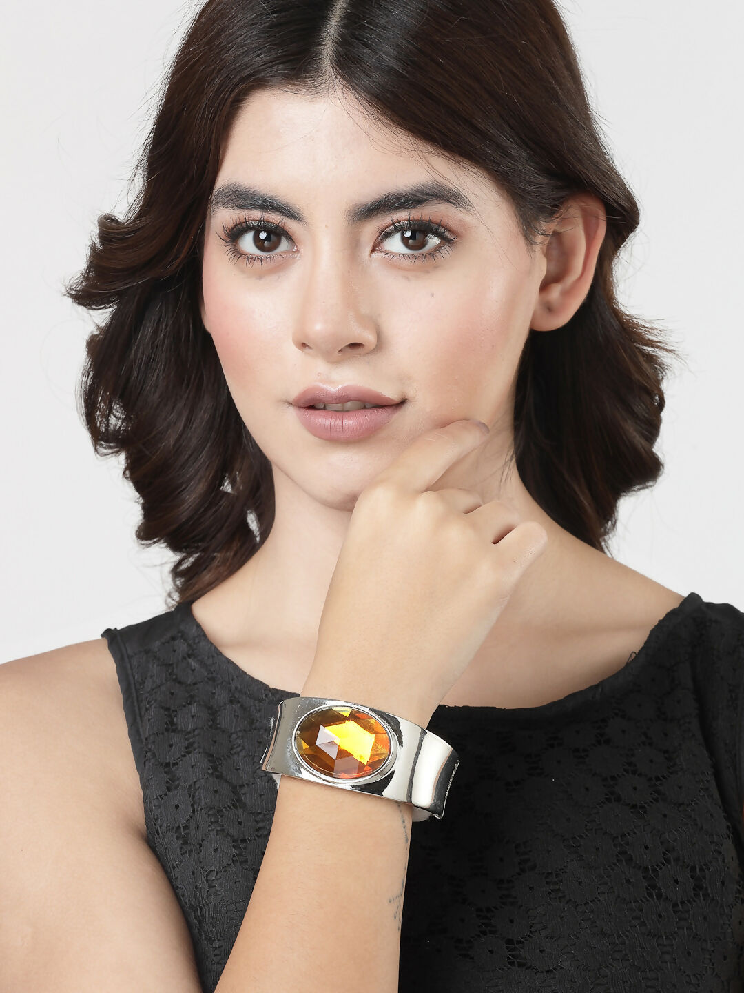 NVR Women Silver-Toned Topaz Rhodium-Plated Kada Bracelet - NR Retail-NVR