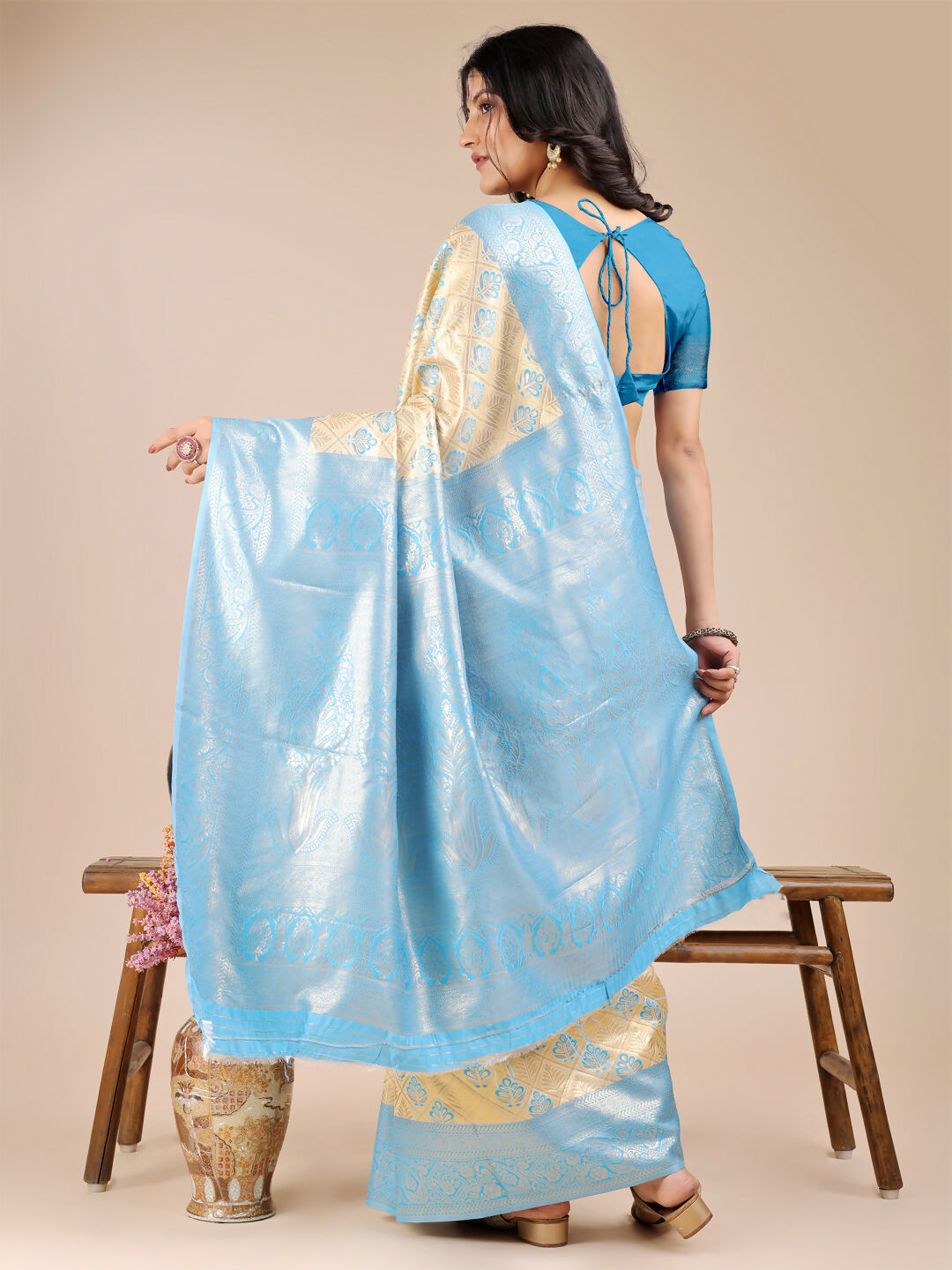 Astita Aura Silk Cream Sky Blue Banarasi Silk Saree | Swadesiicart