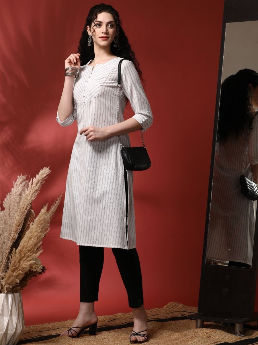 Anouk Striped Notch Neck Pure Cotton Straight Kurta - Swadesiicart