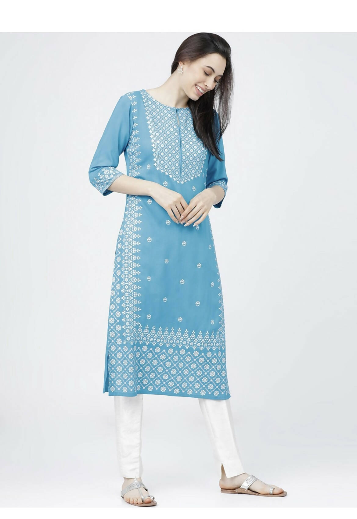 Indian Clothing Cheera Embellished Daily Wear Cotton Blend Kurta - Sky Blue - Swadesiicart