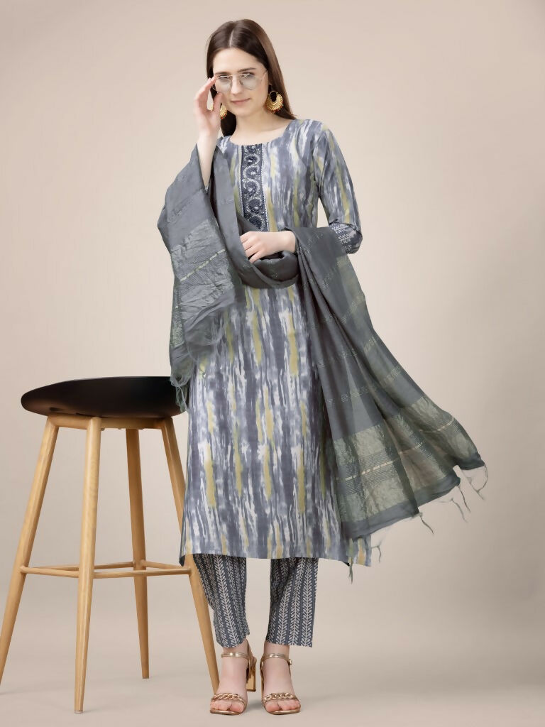 Jyoti Fashion Women's Grey Rayon Print with Embroidery & Fancy Lace Work Kurta with Trouser & Dupatta | Swadesiicart