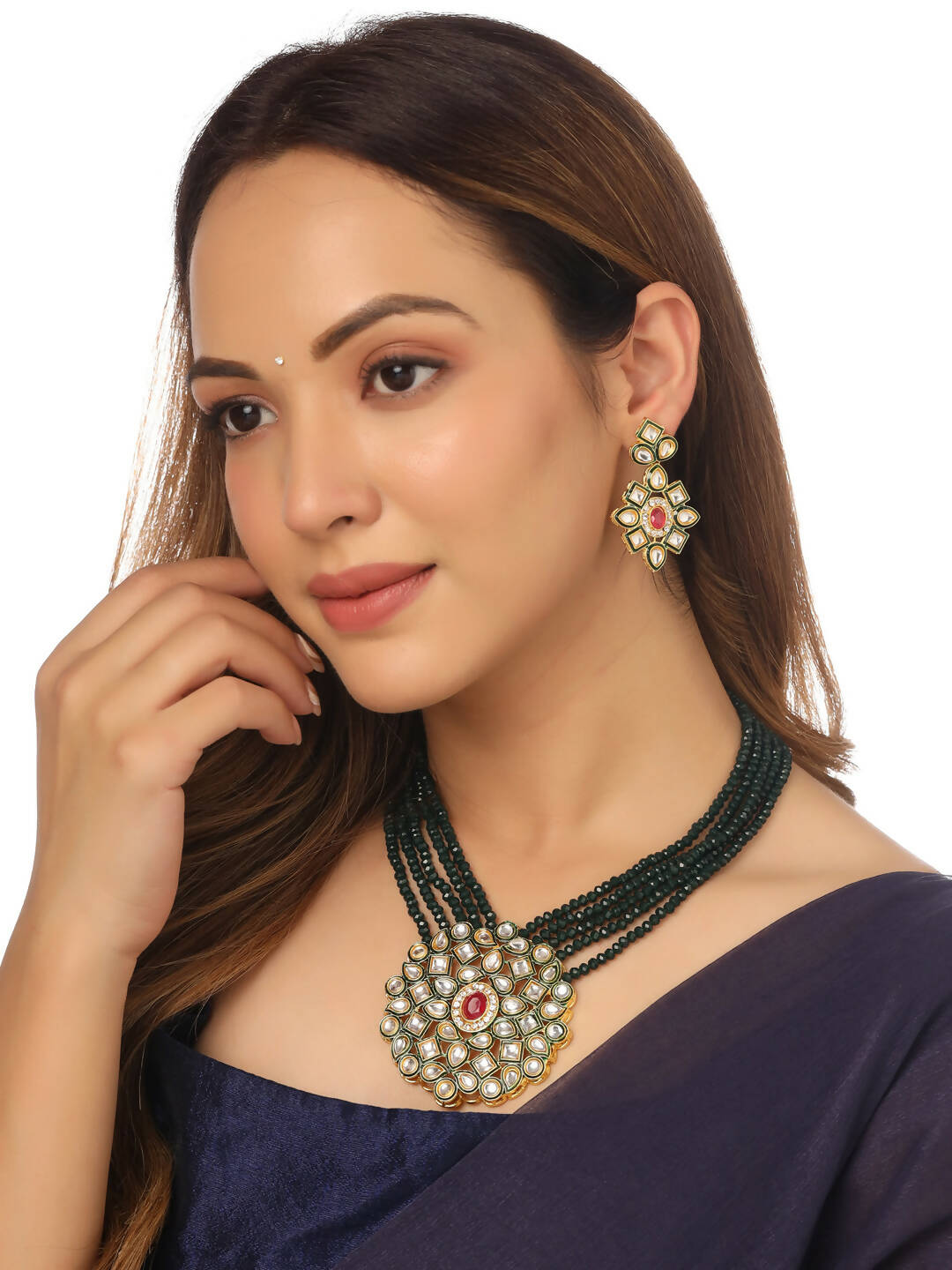 NVR Women Gold-Polished Kundan Studded Jewellery Set - NR Retail-NVR