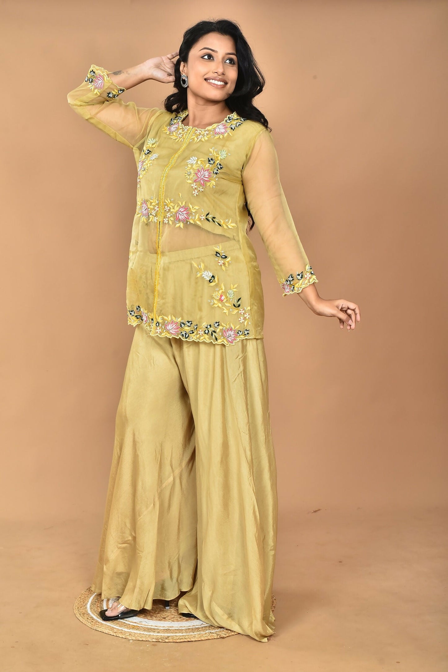 Morchari Women And Hand Embroidery Palazzo Set-Mustard - Swadesiicart