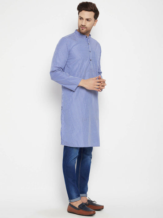 Even Apparels Blue Color Pure Cotton Long Men's Kurta With Band Collar | Swadesiicart