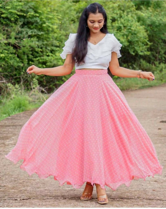 Dishitha Creation Printed Stitched Lehenga & Crop Top - White & Pink | Swadesiicart