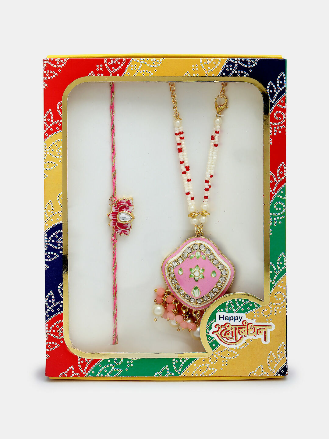 NVR Women & Men Set of 2 Pink Lotus Shape Kundan Stone-Studded & Beaded Bhaiya Bhabhi Rakhi With Roli Chawal & Chocolate | Swadesiicart