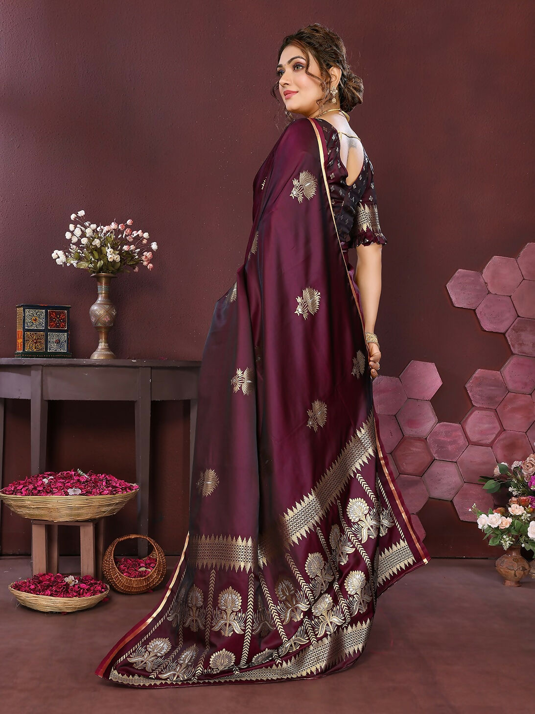 Joban Fashion Wine Floral Motifs Banarasi Silk Sarees | Swadesiicart