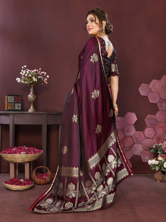 Joban Fashion Wine Floral Motifs Banarasi Silk Sarees | Swadesiicart