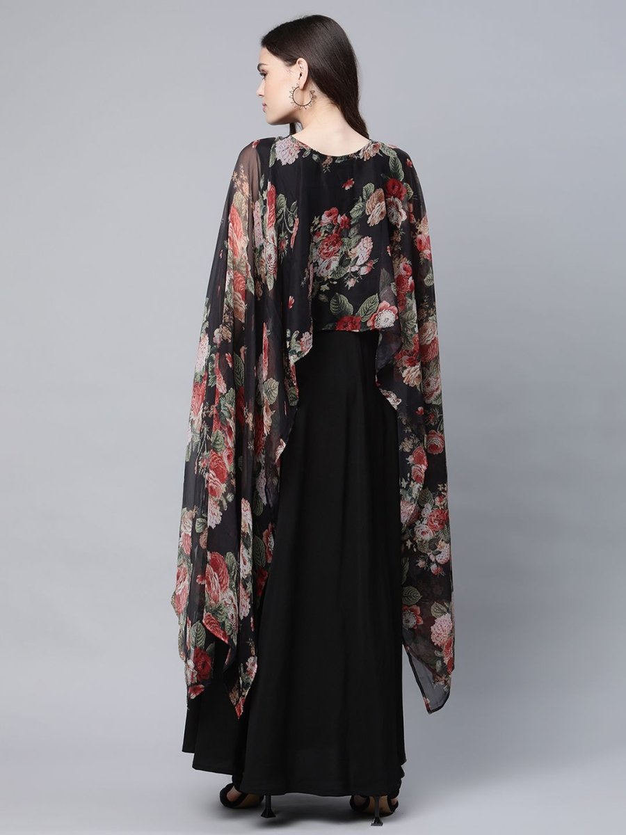 Ahalyaa Women Black Crepe Dress With Attached Dupatta | Swadesiicart