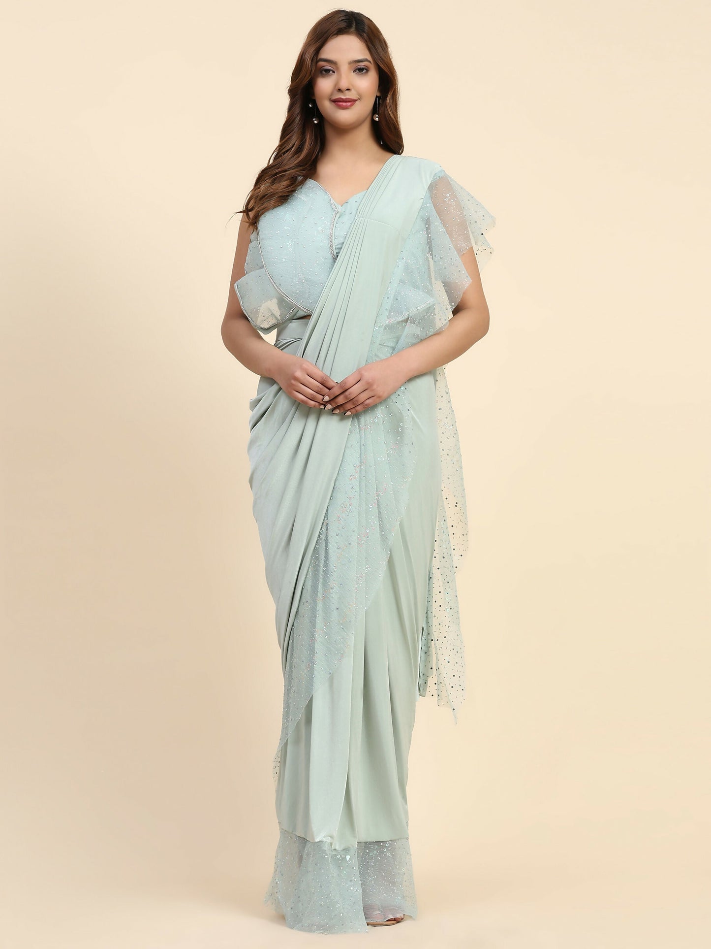 Light Blue Lycra Solid Ready to Wear Saree with stitched Blouse - Nita | Swadesiicart