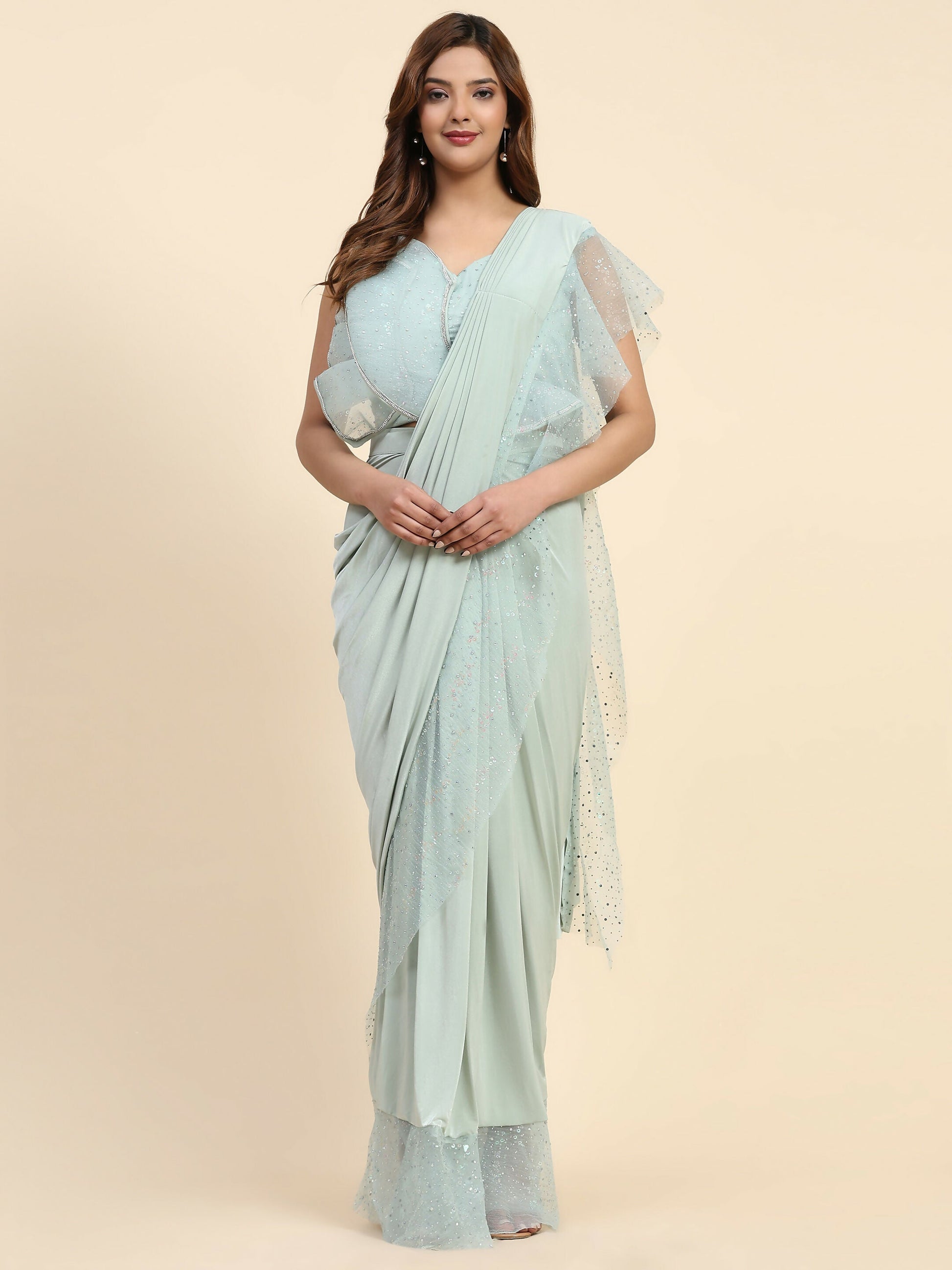 Light Blue Lycra Solid Ready to Wear Saree with stitched Blouse - Nita | Swadesiicart