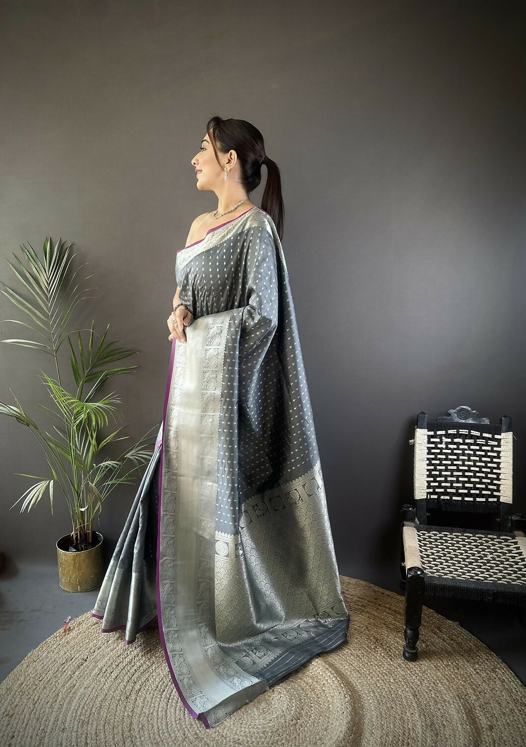 Joban Fashion Grey Small Butti Banarasi Silk Sarees | Swadesiicart