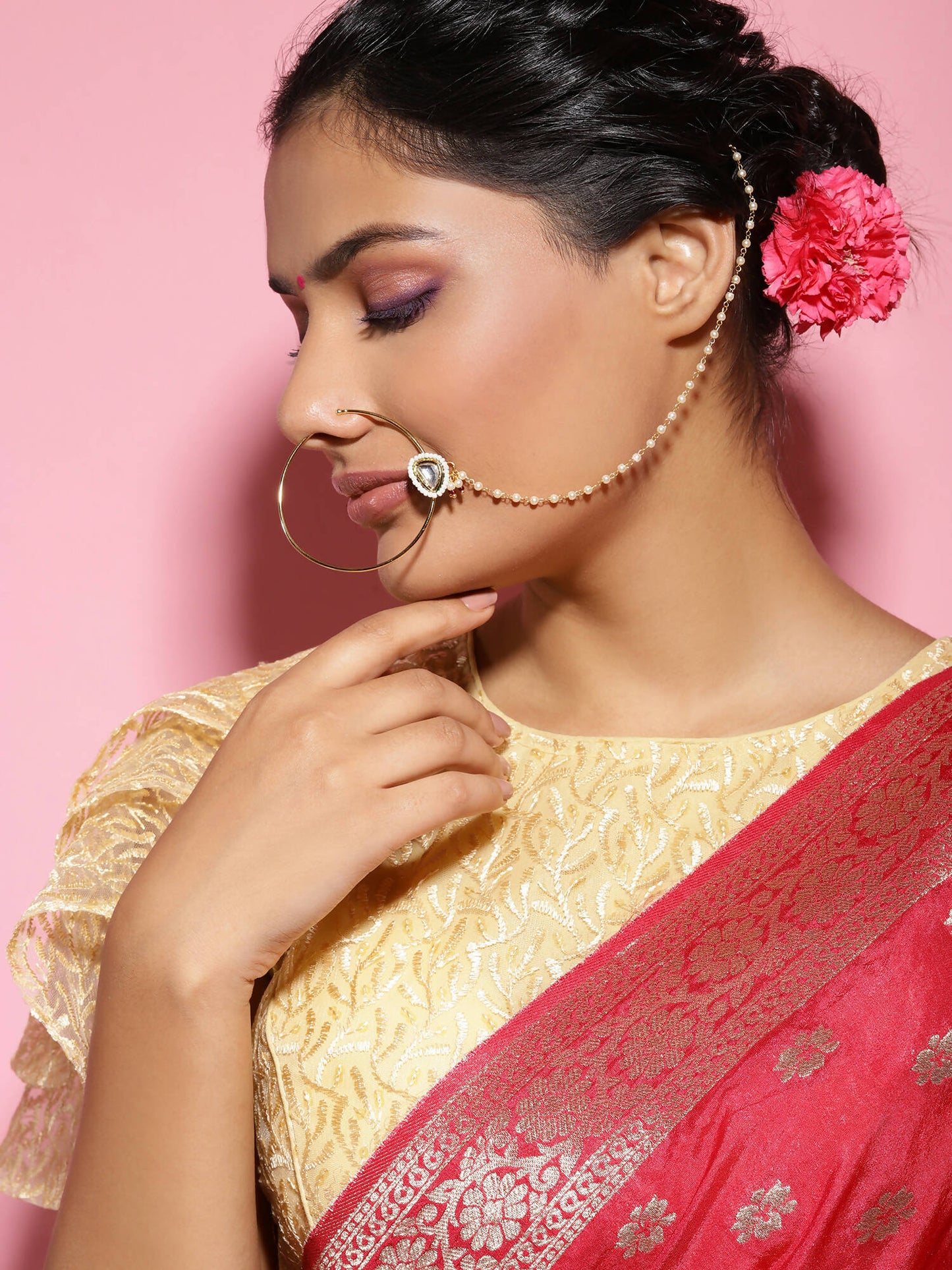 Gold-Polished White Kundan Studded Nose Pin With Beaded Extension - Ruby Raang | Swadesiicart