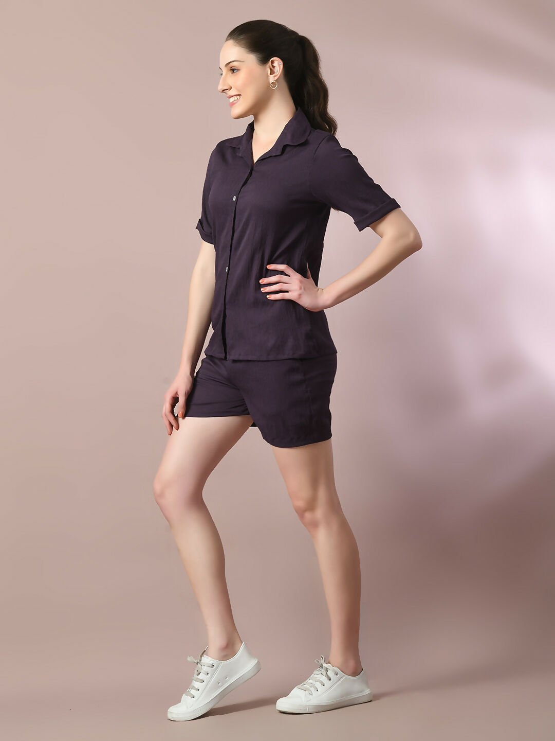 Myshka Women's Violet Solid Shirt Collar Party Shirt With Shorts Co-ord set - Swadesiicart