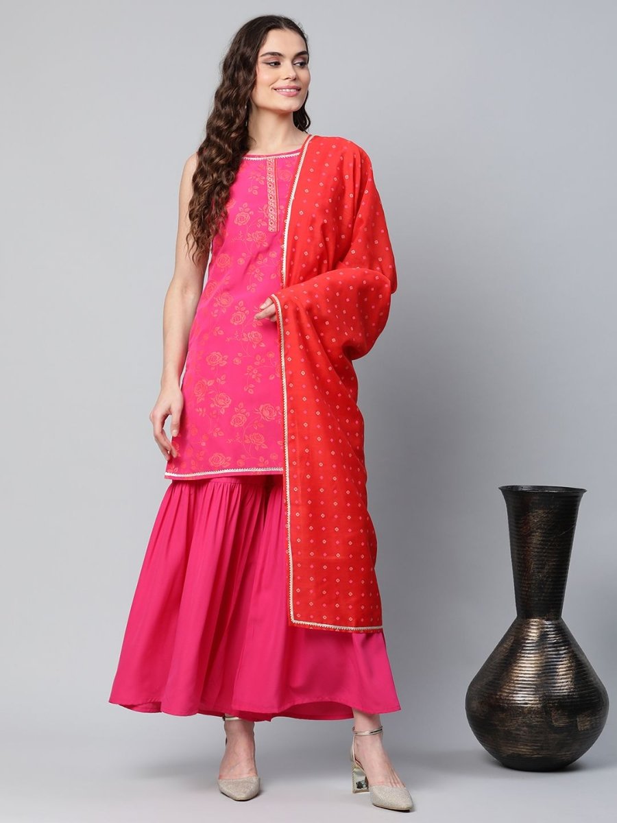 Ahalyaa Pink Crepe Orange khari Print Kurta Sharara Set With Dupatta | Swadesiicart