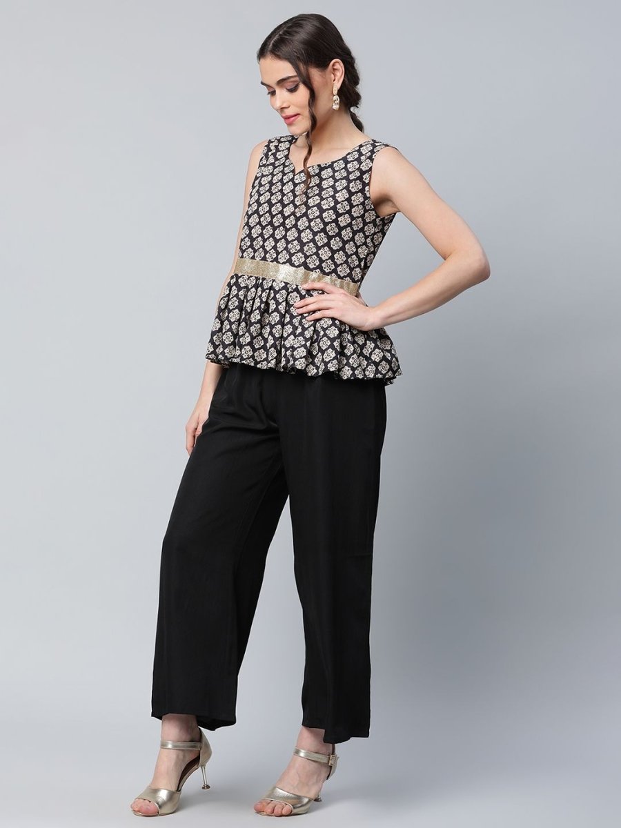 Ahalyaa Women Black Crepe Digital Printed Top with Palazzo Set | Swadesiicart
