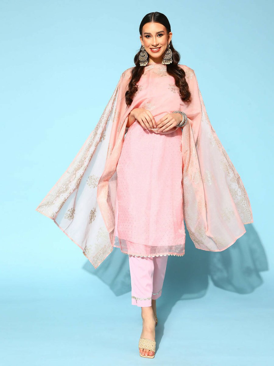 Ahalyaa Women Pastel Pink Colour Organza Glitter Printed Kurta Pant Set With Dupatta | Swadesiicart