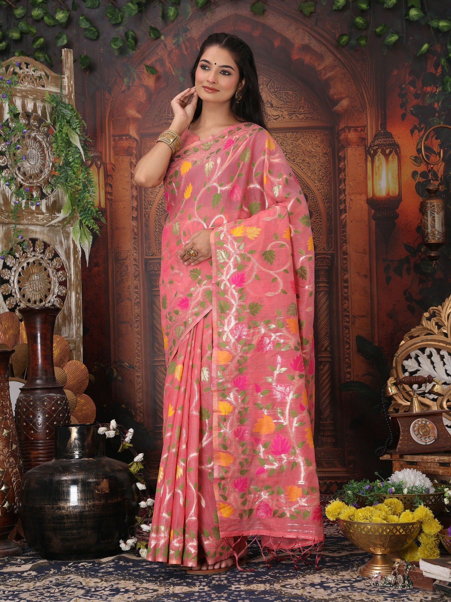 Shree Shyam Fashion Linen Cotton Pink Saree