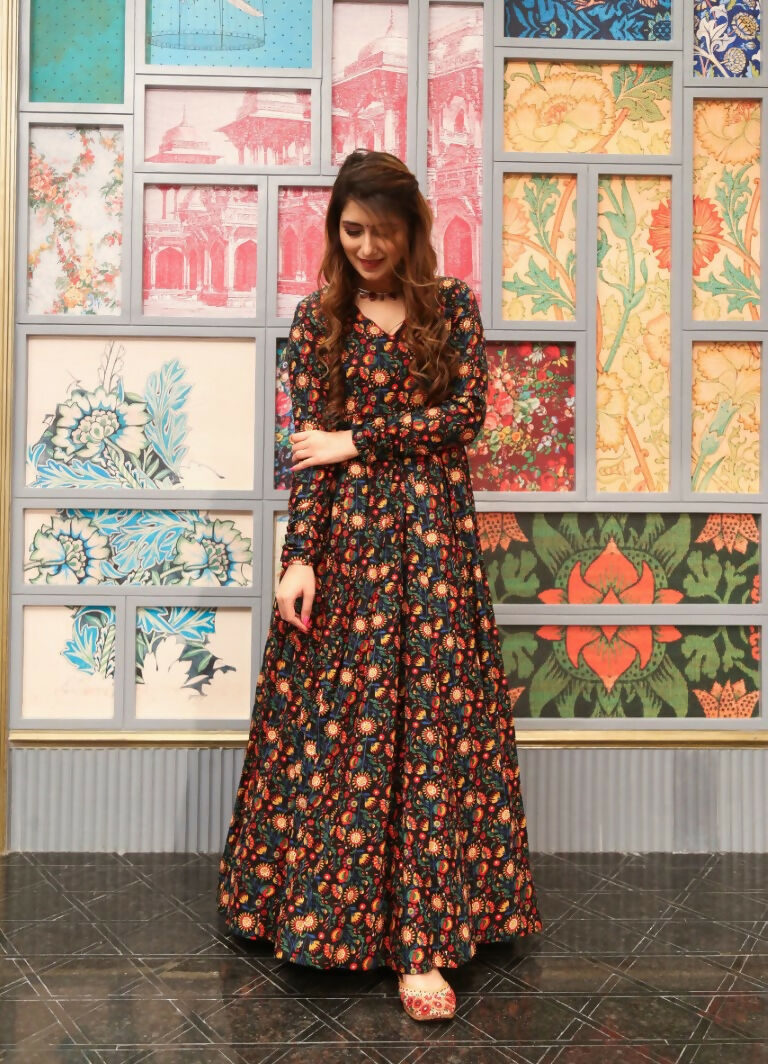 Jyoti Fashion Women's Coffee Heavy Digital Printed Cotton Silk Anarkali Dress | Swadesiicart