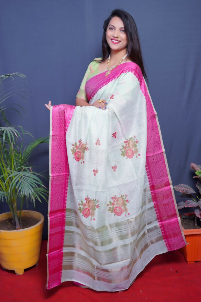 Jyoti Fashion Women's Magenta Linen Silk Digital Print with Jacquard Woven Border Saree with Blouse | Swadesiicart