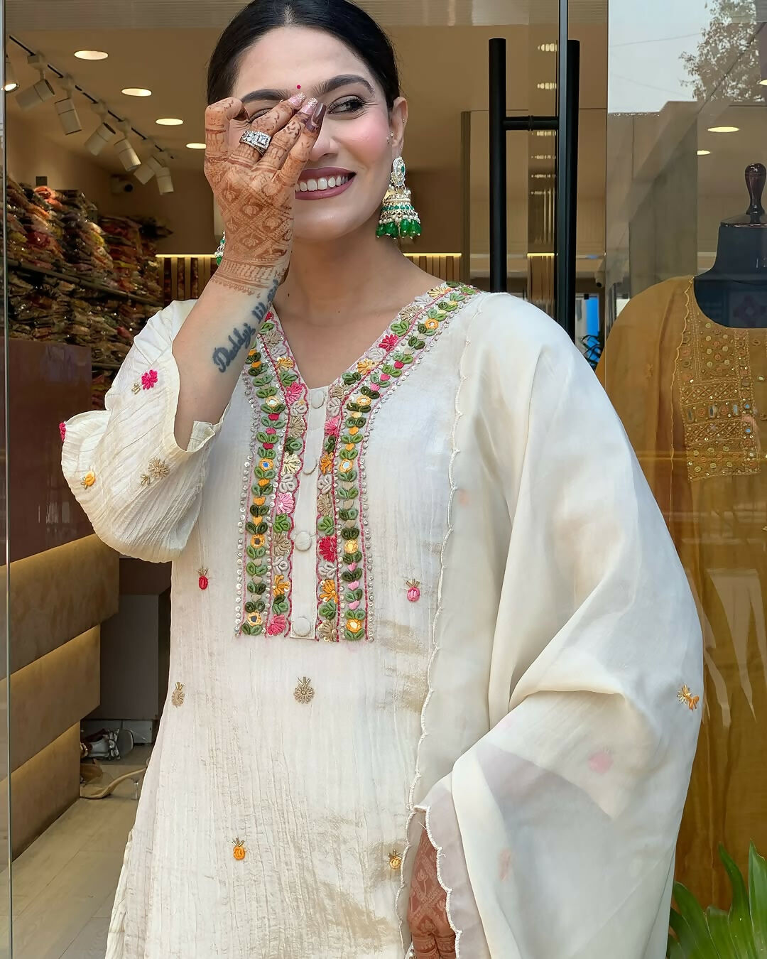 The52 Off White Women's Gorgeous Chinon Fabric Embroidered Work Straight Kurta Pant and Dupatta Set - Swadesiicart