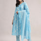 Aavyora Women's Sky Blue Floral Printed A-Line Kurta with Pintucks, Striped Pants & Dupatta Set