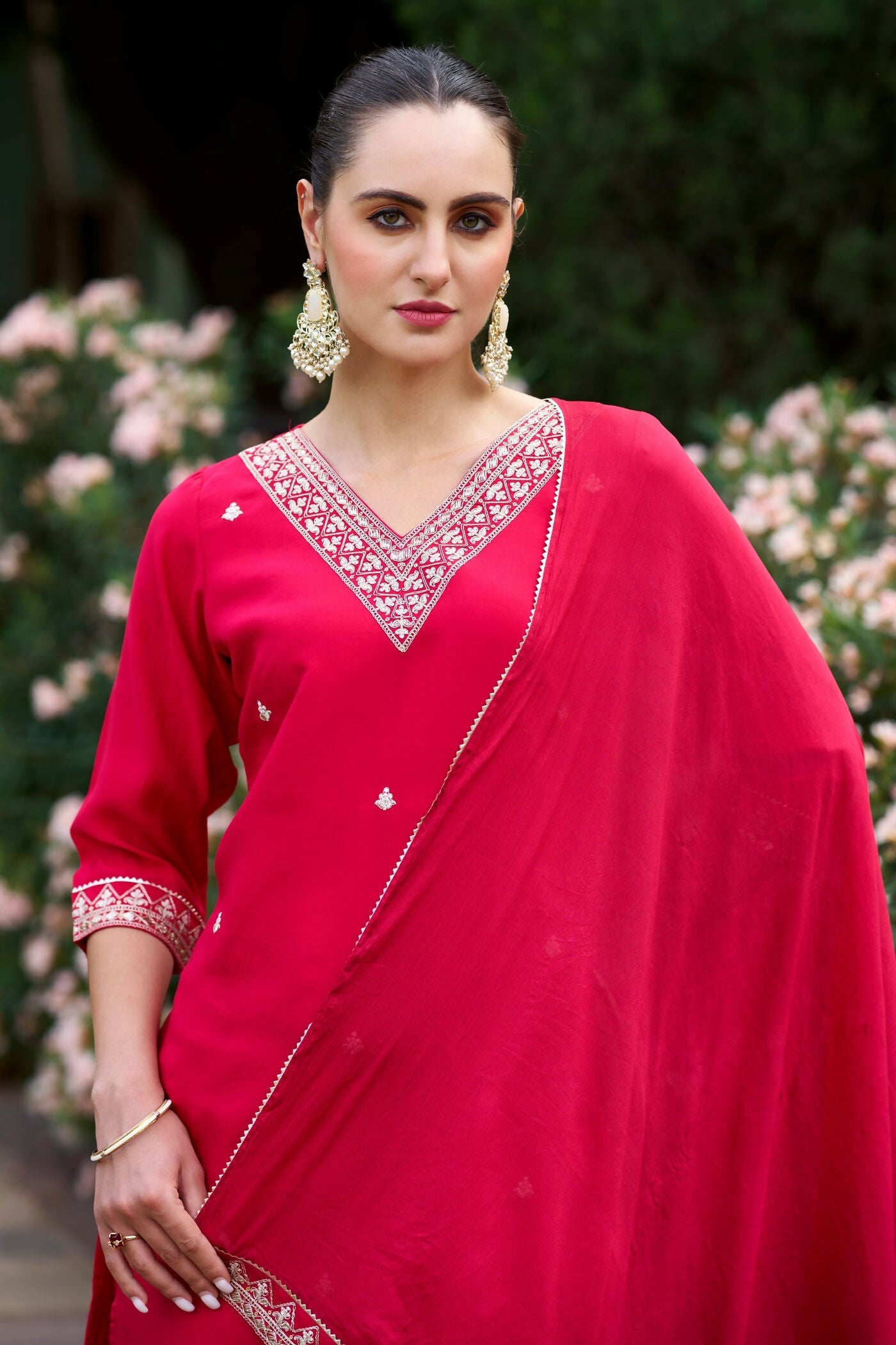 The52 Red Women's Gorgeous Embroidered Rayon Slub Fabric Straight Kurta Pant with Dupatta Set - Swadesiicart