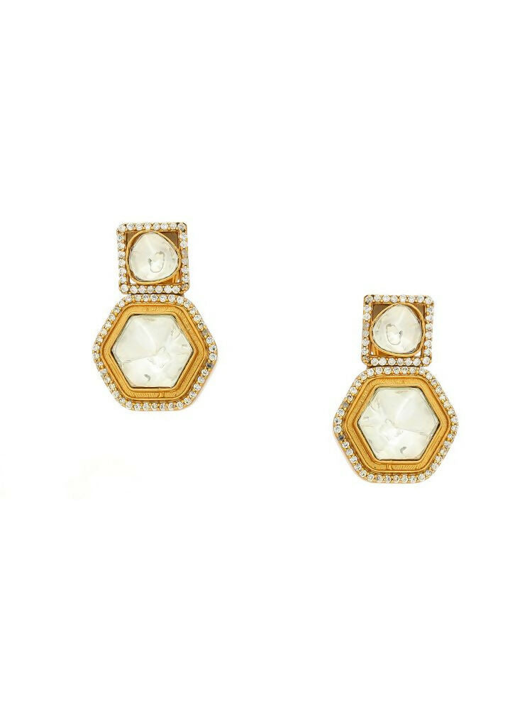 square kundan earrings with hexagon drop - Ruby Raang | Swadesiicart