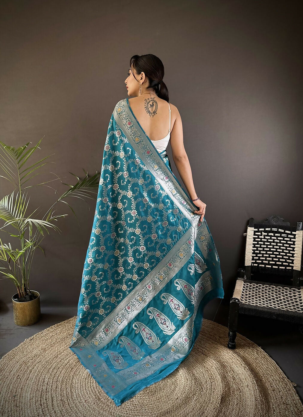Joban Fashion Turquoise Meenakari Banarasi Silk Sarees | Swadesiicart