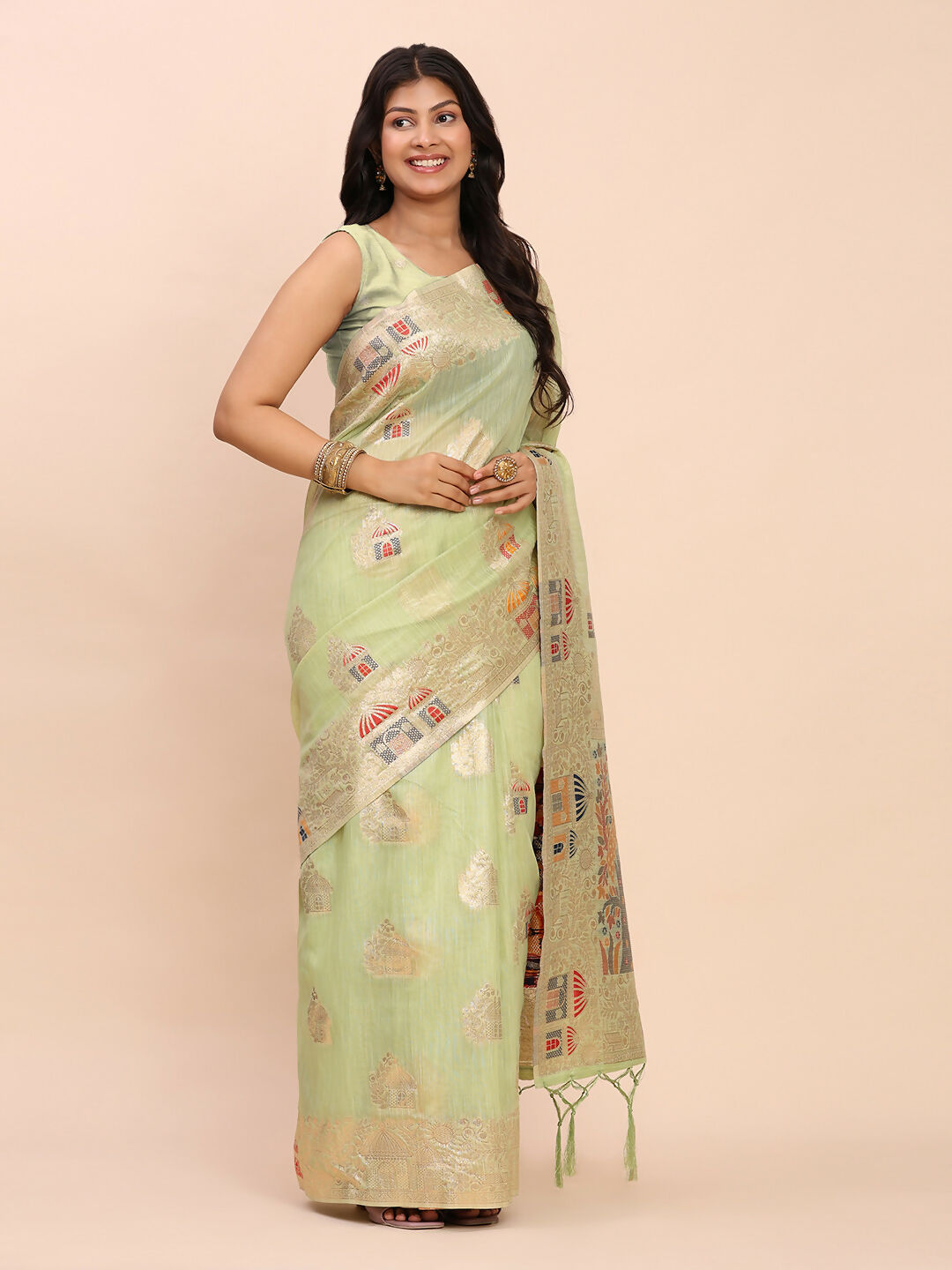 Shree Shyam Fashion Linen Cotton Light Green Saree