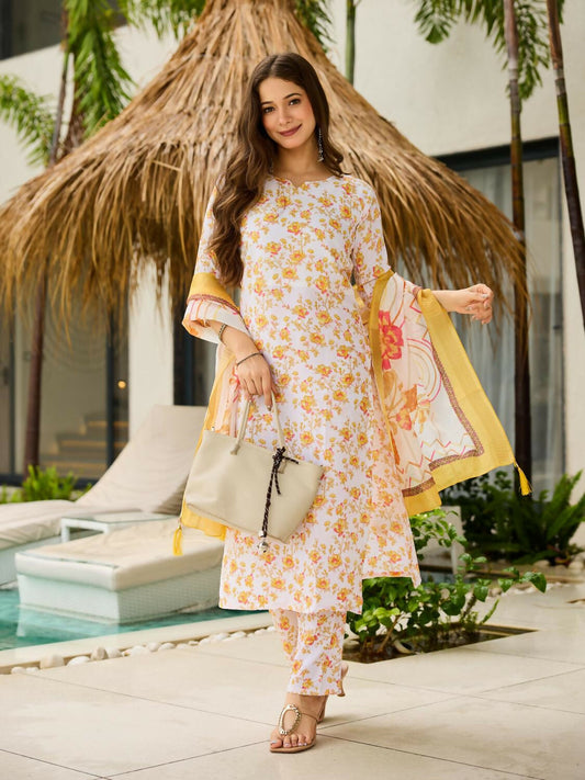 The52 Yellow Women's Beautiful Printed Silk Blend Fabric with Straight Kurta, Pant and Dupatta Set - Swadesiicart