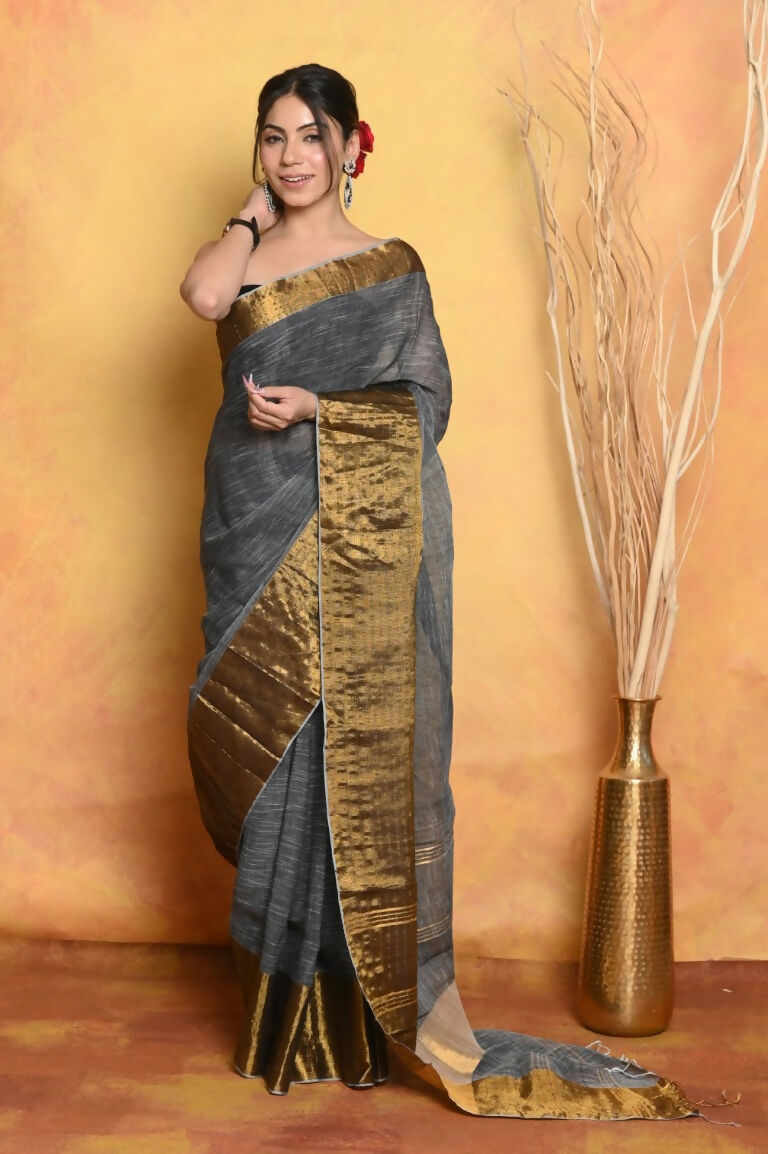 Very Much Indian Handloom Pure Cotton Linen Saree With Golden Border - Grey Gold | Swadesiicart